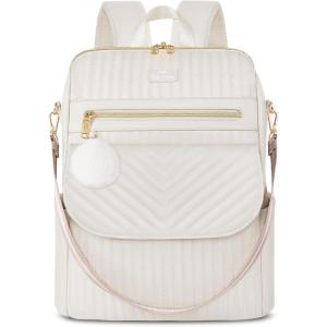 imageMATEIN Quilted Laptop Backpack for Women 156 Inch Convertible Soft Leather Backpack Purses Fashion Water Resistant Shoulder Bag Antitheft Travel Daypack Cute Handbag for Work College Beige