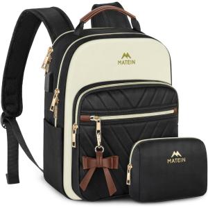 imageMATEIN Mini Backpack for Women Waterproof Stylish Daypack Purse Shoulder Bag with USB Charging Port Lightweight Small Casual Daily Travel Backpack Lady Girls Gifts for Work School 2pcs Sets BlackBlack  Beige