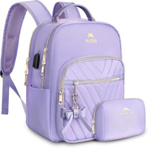 imageMATEIN Mini Backpack for Women Waterproof Stylish Daypack Purse Shoulder Bag with USB Charging Port Lightweight Small Casual Daily Travel Backpack Lady Girls Gifts for Work School 2pcs Sets BlackPurple