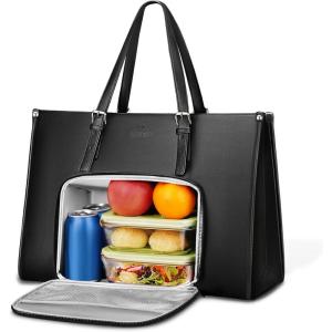 imageMATEIN Laptop Tote Bag with Insulated Lunch Compartment 156 Inch PU Leather Briefcase with Leakproof Lunch Box Pocket for Women Convertible Lightweight Computer Work Bag Handbag for Office BlackBlack