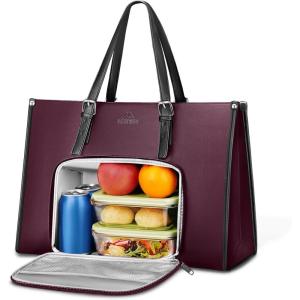 imageMATEIN Laptop Tote Bag with Insulated Lunch Compartment 156 Inch PU Leather Briefcase with Leakproof Lunch Box Pocket for Women Convertible Lightweight Computer Work Bag Handbag for Office BlackPurple