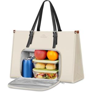 imageMATEIN Laptop Tote Bag with Insulated Lunch Compartment 156 Inch PU Leather Briefcase with Leakproof Lunch Box Pocket for Women Convertible Lightweight Computer Work Bag Handbag for Office BlackWhite