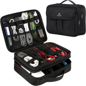 imageMATEIN Electronics Organizer Waterproof Travel Electronic Accessories Case Portable Double Layer Cable Storage Bag for Cord Charger Power Bank Flash Drive Phone Tablet SD Card Tablet Black