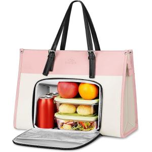 imageMATEIN Work Tote with Lunch Compartment PU Leather 156 Inch Laptop Lunch Bags Lightweight Lunch Purse Women with Laptop Compartment for Travel Picnic Ladies Gift Light PurplePink