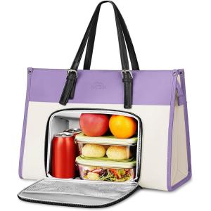 imageMATEIN Work Tote with Lunch Compartment PU Leather 156 Inch Laptop Lunch Bags Lightweight Lunch Purse Women with Laptop Compartment for Travel Picnic Ladies Gift Light PurpleTaro Purple