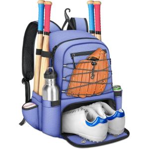 imageMATEIN Baseball Bat Bag for 4 Bats with Ball Pocket Lightweight Youth Baseball Backpack with Shoe Compartment Large Capacity Softball Equipment Bag with Fence Hook for TBall Gear Helmet GlovePurple