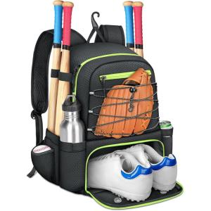 imageMATEIN Baseball Bat Bag for 4 Bats with Ball Pocket Lightweight Youth Baseball Backpack with Shoe Compartment Large Capacity Softball Equipment Bag with Fence Hook for TBall Gear Helmet GloveBlack
