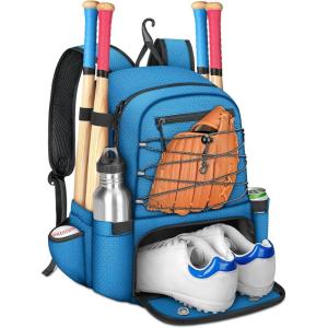 imageMATEIN Baseball Bat Bag for 4 Bats with Ball Pocket Lightweight Youth Baseball Backpack with Shoe Compartment Large Capacity Softball Equipment Bag with Fence Hook for TBall Gear Helmet GloveBlue