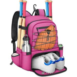 imageMATEIN Baseball Bat Bag for 4 Bats with Ball Pocket Lightweight Youth Baseball Backpack with Shoe Compartment Large Capacity Softball Equipment Bag with Fence Hook for TBall Gear Helmet GlovePink
