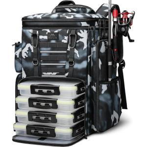 imageMATEIN Fishing Backpack with Tackle Boxes 3700 Extra Large Tackle Backpack with Rod Holders ampamp 4 Trays ampamp Rain CoverCamouflage