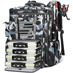 imageMATEIN Fishing Backpack with Tackle Boxes 3700 Extra Large Tackle Backpack with Rod Holders ampamp 4 Trays ampamp Rain CoverCamouflage Grey