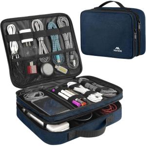 imageMATEIN Electronic Organizer Travel Case Small Double Layers Cable Organizer for Travel Accessories Water Resistant Portable Tech Case for Phone Cords Charger Earphone Tech Gifts BlackNavy Blue