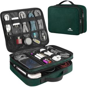 imageMATEIN Electronic Organizer Travel Case Small Double Layers Cable Organizer for Travel Accessories Water Resistant Portable Tech Case for Phone Cords Charger Earphone Tech Gifts BlackDark Green