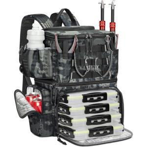 imageMATEIN Fishing Backpack with 4 Tackle Boxes ampamp Rod Holder Tackle Backpack with Safety Compass ampamp Insulated Compartment Water Resistant Fishing Tray Bag Storage Gear and Equipment Gifts for Fishermen