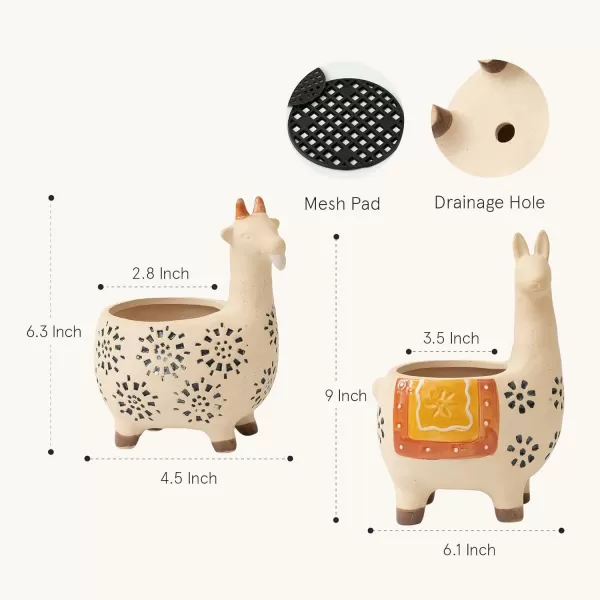 Ceramic Animal Succulent Planter Pots - 6.1 + 4.5 inch Cute Alpaca / Llama &amp; Goat Rough Pottery Unglazed Flower Plant Pots Indoor with Drainage for Herb Cactus Air Plants, Home Decor Gifts for Mom