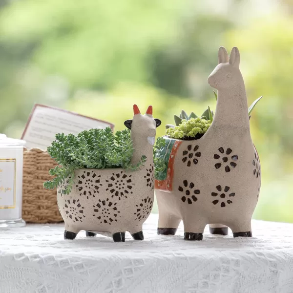 Ceramic Animal Succulent Planter Pots - 6.1 + 4.5 inch Cute Alpaca / Llama &amp; Goat Rough Pottery Unglazed Flower Plant Pots Indoor with Drainage for Herb Cactus Air Plants, Home Decor Gifts for Mom
