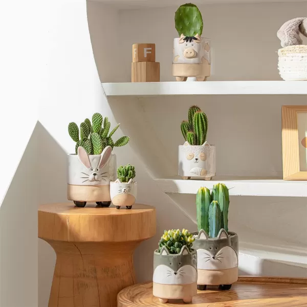 Ceramic Animal Succulent Planter Pots - 6.1 + 4.5 inch Cute Alpaca / Llama &amp; Goat Rough Pottery Unglazed Flower Plant Pots Indoor with Drainage for Herb Cactus Air Plants, Home Decor Gifts for Mom