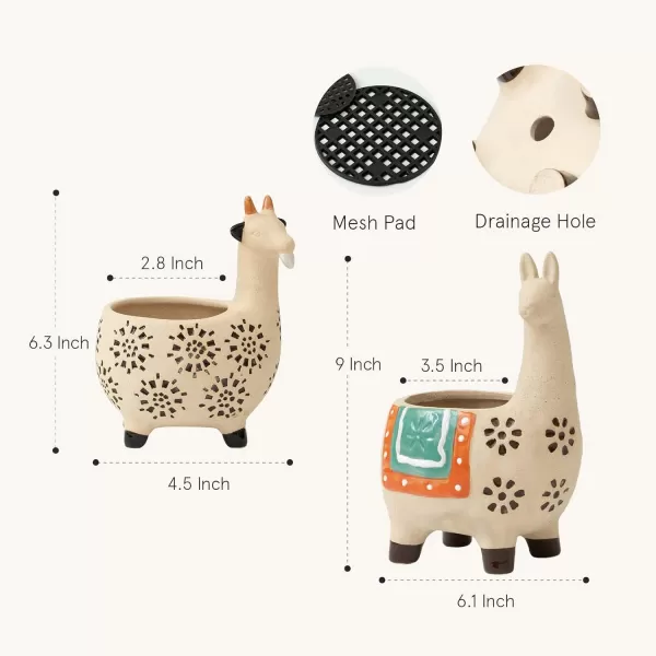 Ceramic Animal Succulent Planter Pots - 6.1 + 4.5 inch Cute Alpaca / Llama &amp; Goat Rough Pottery Unglazed Flower Plant Pots Indoor with Drainage for Herb Cactus Air Plants, Home Decor Gifts for Mom