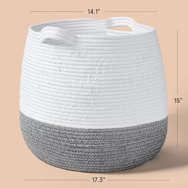 LA JOLIE MUSE 15” Large Cotton Rope Storage Basket with Handles, Versatile Organization and Storage Bin Organizer, Natural and Safe for Baby and Kids, 15”H*14.2”D, White &amp; Desert