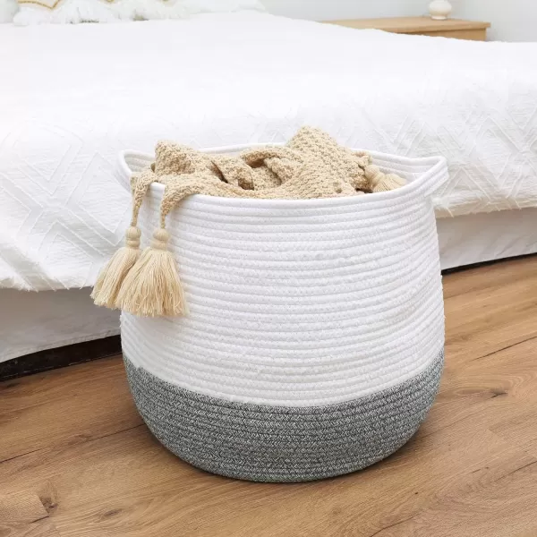 LA JOLIE MUSE 15” Large Cotton Rope Storage Basket with Handles, Versatile Organization and Storage Bin Organizer, Natural and Safe for Baby and Kids, 15”H*14.2”D, White &amp; Desert