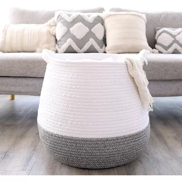 LA JOLIE MUSE 15” Large Cotton Rope Storage Basket with Handles, Versatile Organization and Storage Bin Organizer, Natural and Safe for Baby and Kids, 15”H*14.2”D, White &amp; Desert