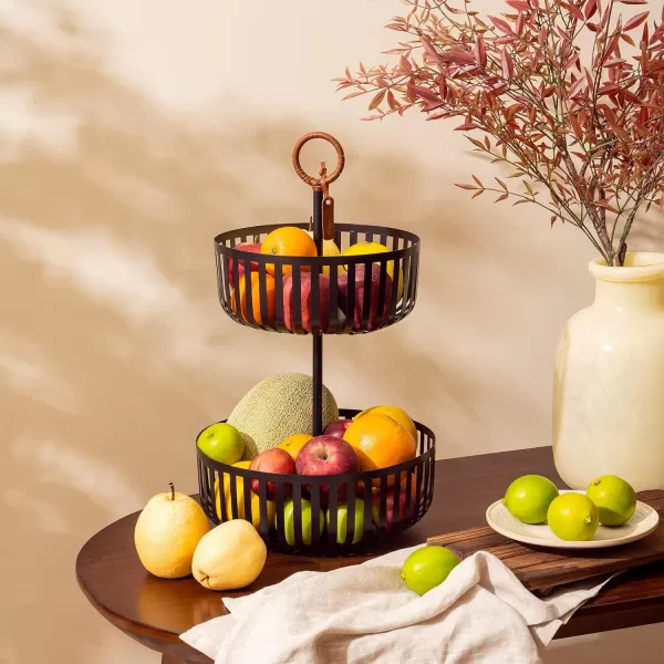 LA JOLIE MUSE 2 Tier Fruit Basket, Countertop Fruit Vegetable Basket Bowl Metal Wire Storage Basket Fruits Stand Holder Organizer for Bread Snack Veggies,matte Black