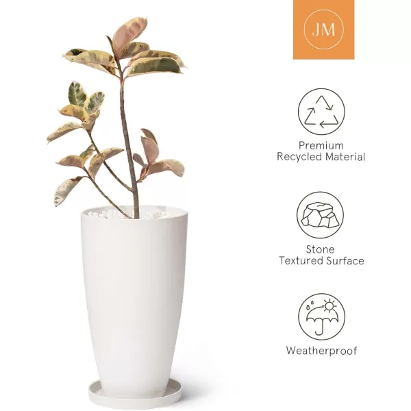 LA JOLIE MUSE 27 Inch Tall White Planters,Set of 2 Tall Round Planters for Indoor Plants with Trays,Modern Tree Planters for Front Door and Patio Deck
