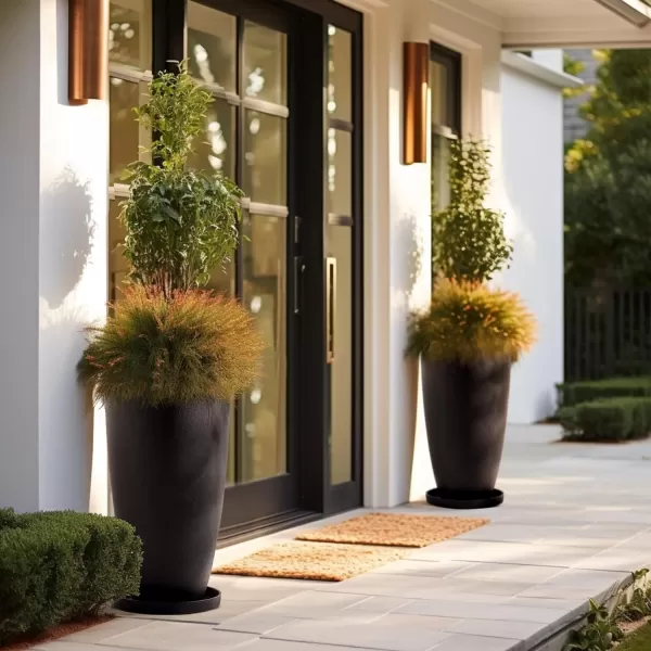 LA JOLIE MUSE 27 Inch Tall White Planters,Set of 2 Tall Round Planters for Indoor Plants with Trays,Modern Tree Planters for Front Door and Patio Deck