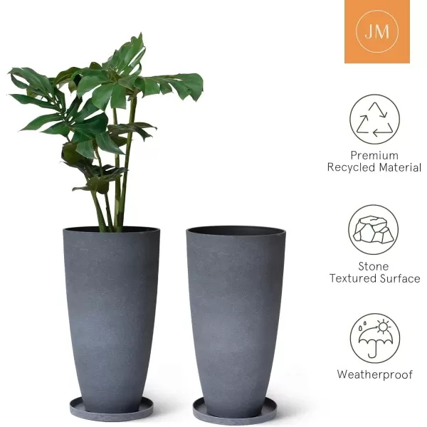 LA JOLIE MUSE 27 Inch Tall White Planters,Set of 2 Tall Round Planters for Indoor Plants with Trays,Modern Tree Planters for Front Door and Patio Deck