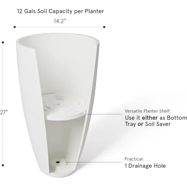 LA JOLIE MUSE 27 Inch Tall White Planters,Set of 2 Tall Round Planters for Indoor Plants with Trays,Modern Tree Planters for Front Door and Patio Deck
