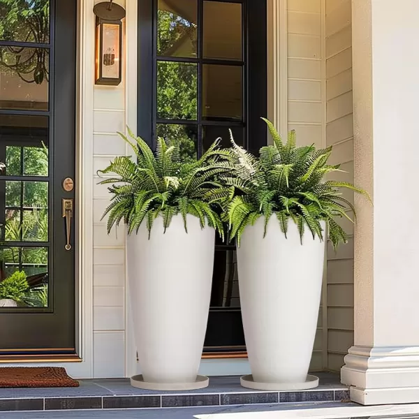 LA JOLIE MUSE 27 Inch Tall White Planters,Set of 2 Tall Round Planters for Indoor Plants with Trays,Modern Tree Planters for Front Door and Patio Deck