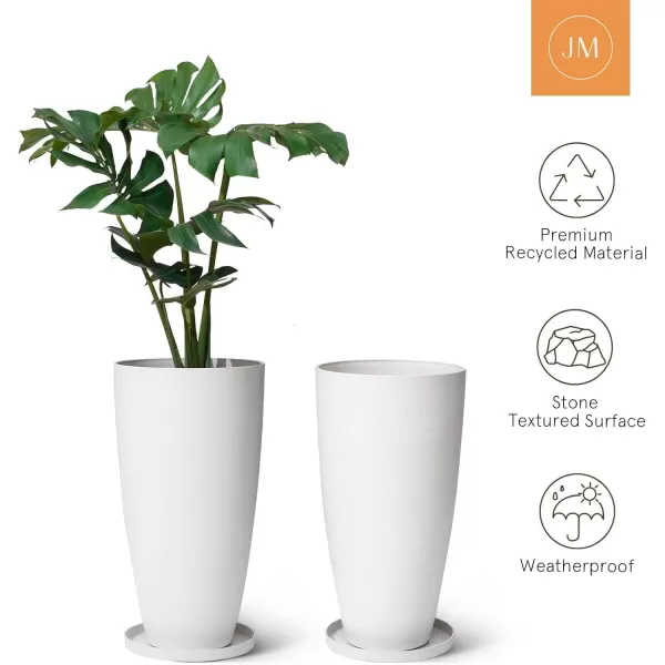 LA JOLIE MUSE 27 Inch Tall White Planters,Set of 2 Tall Round Planters for Indoor Plants with Trays,Modern Tree Planters for Front Door and Patio Deck