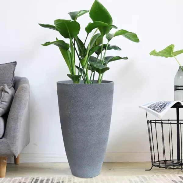 LA JOLIE MUSE 27 Inch Tall White Planters,Set of 2 Tall Round Planters for Indoor Plants with Trays,Modern Tree Planters for Front Door and Patio Deck