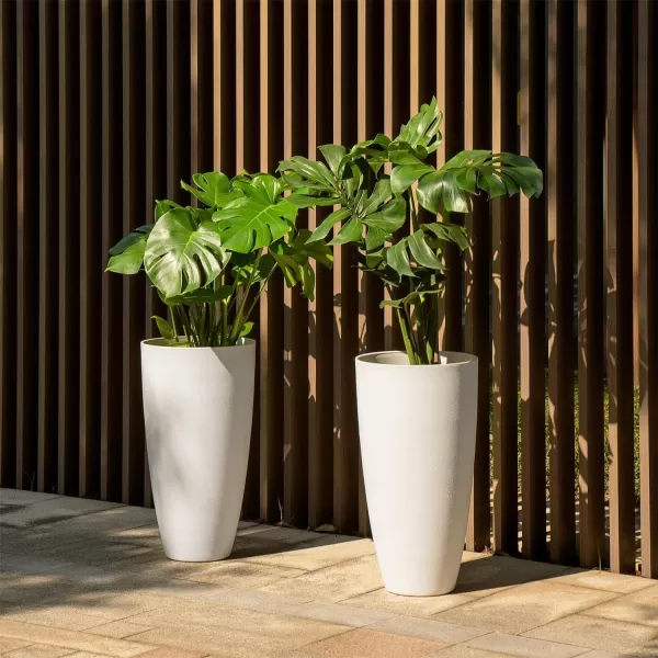 LA JOLIE MUSE 27 Inch Tall White Planters,Set of 2 Tall Round Planters for Indoor Plants with Trays,Modern Tree Planters for Front Door and Patio Deck