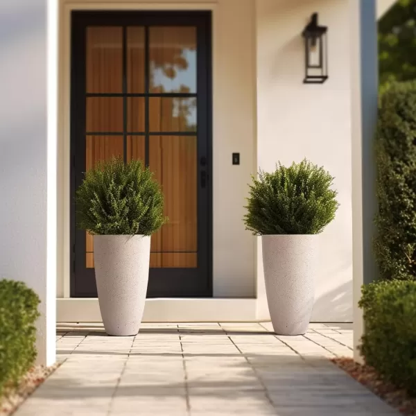 LA JOLIE MUSE 27 Inch Tall White Planters,Set of 2 Tall Round Planters for Indoor Plants with Trays,Modern Tree Planters for Front Door and Patio Deck