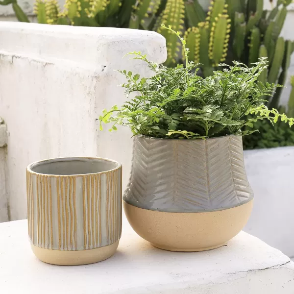 LA JOLIE MUSE Ceramic Footed Flower Plant Pots - 6.7 + 5.1 Inch Boho Decor Indoor Planters with Drainage, Home Decor Gift, Beige