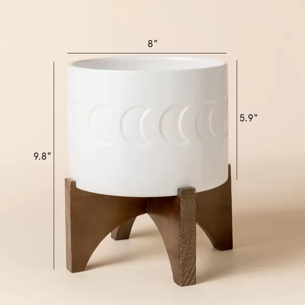 LA JOLIE MUSE Ceramic Planter with Wood Stand - 8 Inch White Cylinder Embossed Hobnail Patterned Flower Plant Pot Indoor