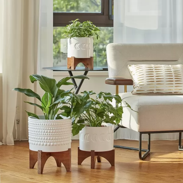 LA JOLIE MUSE Ceramic Planter with Wood Stand - 8 Inch White Cylinder Embossed Hobnail Patterned Flower Plant Pot Indoor