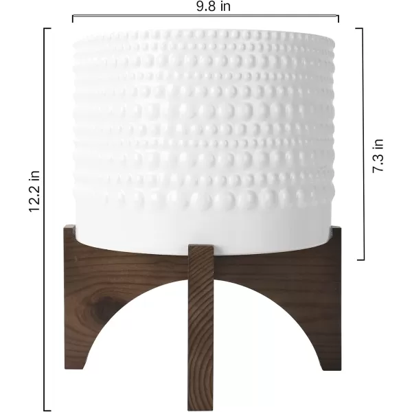 LA JOLIE MUSE Ceramic Planter with Wood Stand - 8 Inch White Cylinder Embossed Hobnail Patterned Flower Plant Pot Indoor