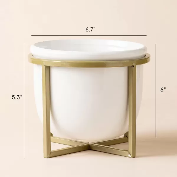 LA JOLIE MUSE Ceramic Planter with Wood Stand - 8 Inch White Cylinder Embossed Hobnail Patterned Flower Plant Pot Indoor