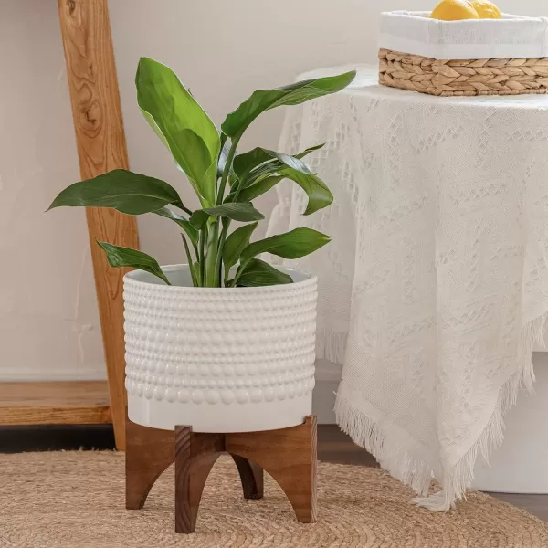 LA JOLIE MUSE Ceramic Planter with Wood Stand - 8 Inch White Cylinder Embossed Hobnail Patterned Flower Plant Pot Indoor