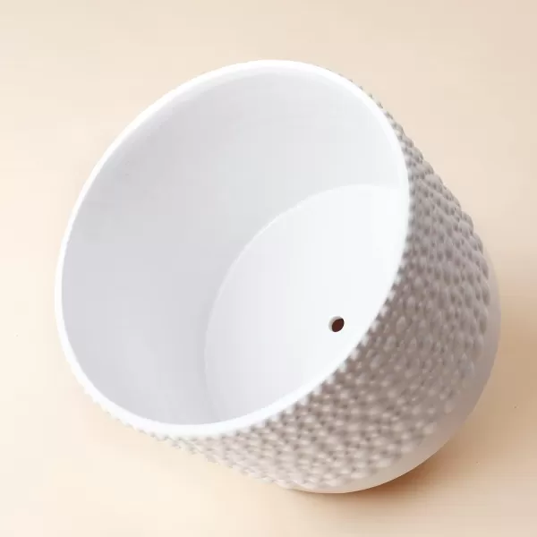 LA JOLIE MUSE Ceramic Planter with Wood Stand - 8 Inch White Cylinder Embossed Hobnail Patterned Flower Plant Pot Indoor