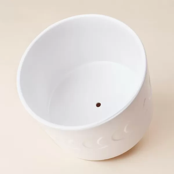 LA JOLIE MUSE Ceramic Planter with Wood Stand - 8 Inch White Cylinder Embossed Hobnail Patterned Flower Plant Pot Indoor