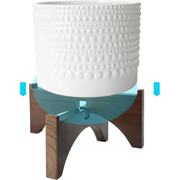 LA JOLIE MUSE Ceramic Planter with Wood Stand - 8 Inch White Cylinder Embossed Hobnail Patterned Flower Plant Pot Indoor