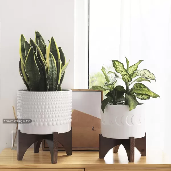 LA JOLIE MUSE Ceramic Planter with Wood Stand - 8 Inch White Cylinder Embossed Hobnail Patterned Flower Plant Pot Indoor