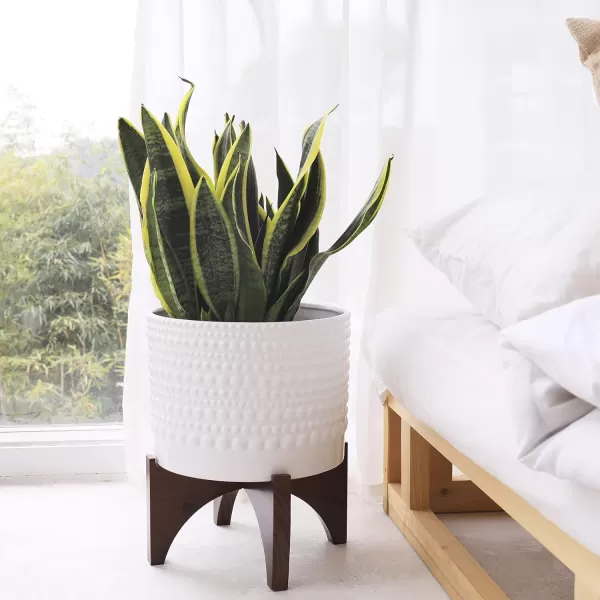 LA JOLIE MUSE Ceramic Planter with Wood Stand - 8 Inch White Cylinder Embossed Hobnail Patterned Flower Plant Pot Indoor