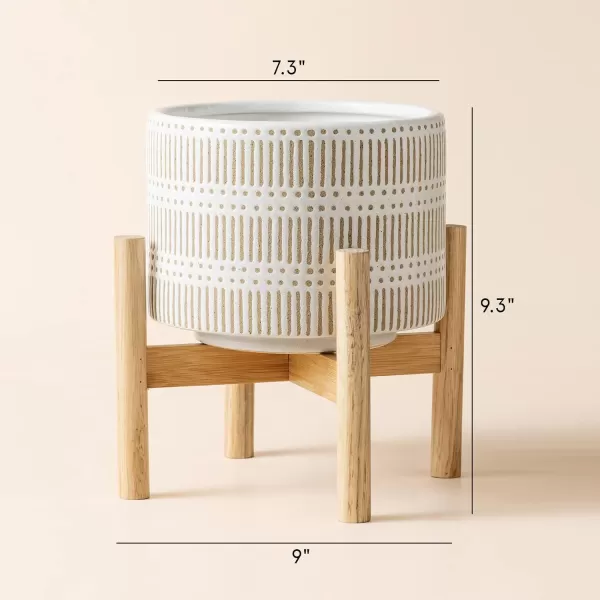 LA JOLIE MUSE Ceramic Planter with Wood Stand - 8 Inch White Cylinder Embossed Hobnail Patterned Flower Plant Pot Indoor