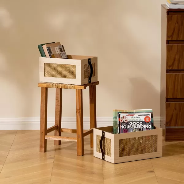 LA JOLIE MUSE Cube Storage Bins Set of 2, Wooden Storage Cubes with Hollowed Design, Storage Cubes Organizer for Shelves, Storage Bin with Leather Straps for Organizing office organizers