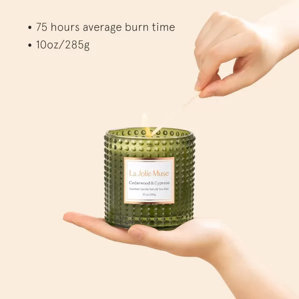 LA JOLIE MUSE Cypress &amp; Cedarwood Scented Candle - Candles for Home Scented, Green Candles Gift for Holiday, Natural Soy Candles, 75 Hours Long Burning, 10 OZ