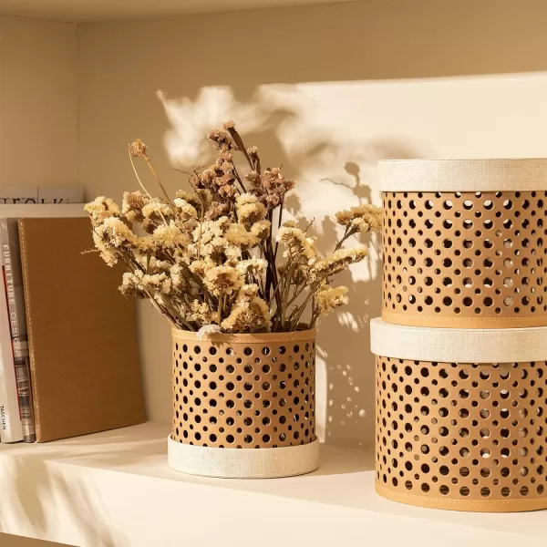 LA JOLIE MUSE Decorative Round Storage Boxes Set of 3, Polka Dot Cutout Baskets with Lids, Desktop Storage Organizer, Gift Baskets with Linen Paper Lids, Brown Baskets, Beige Lids